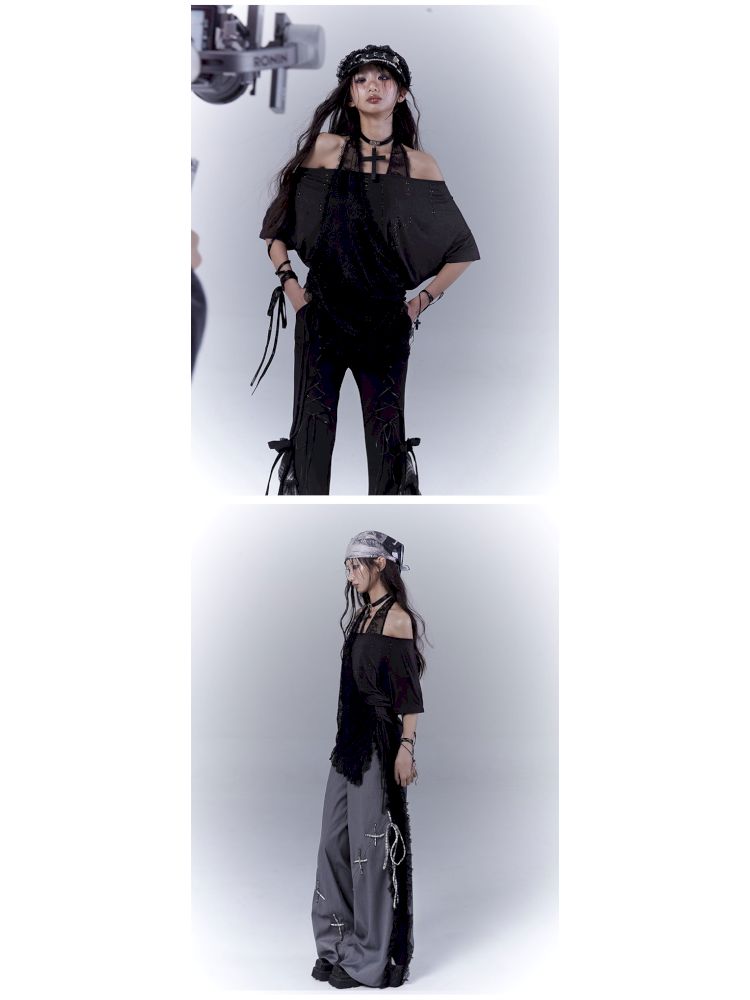 Lazy style rhinestone black T-shirt【s0000012844】