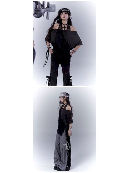 Lazy style rhinestone black T-shirt【s0000012844】