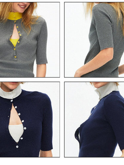 Lyocell Contrast Knitted Top【s0000015923】