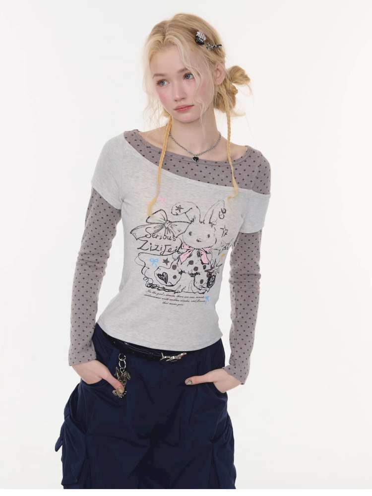 Rabbit Print Polka Dot Top【s0000015437】