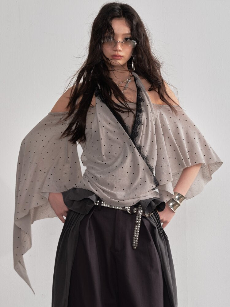 Halterneck Polka Dot Shawl Sleeve Top【s0000015694】