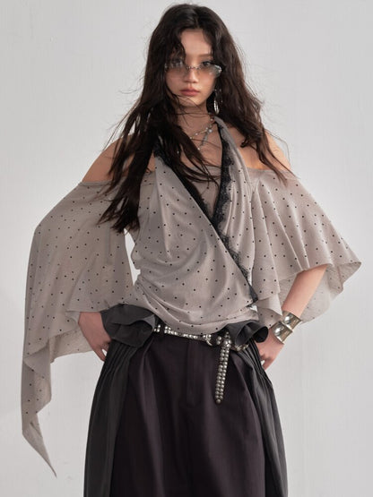 Halterneck Polka Dot Shawl Sleeve Top【s0000015694】
