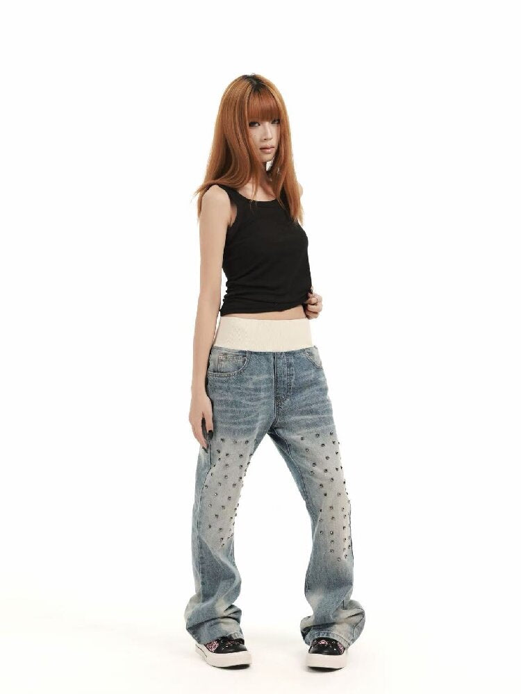 Patchwork Studded Straight Jeans【s0000018362】