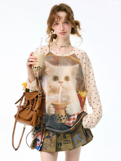 Raglan Cat Print Long Sleeve Top【s0000017886】