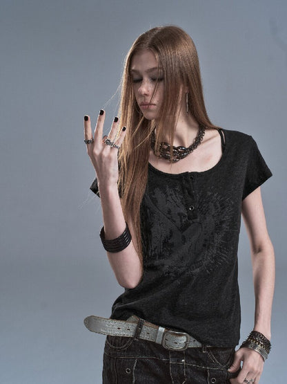 Snow Dot Gray Tencel Cotton T-shirt【s0000016636】