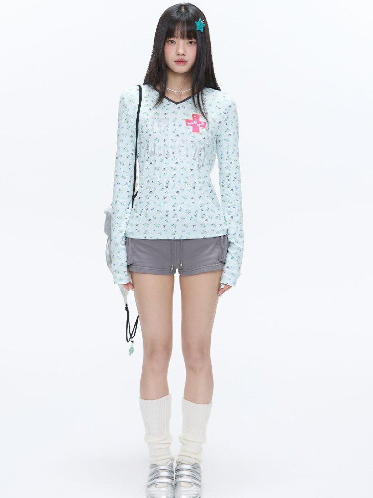 Full Print V Neck Long Sleeve Top【s0000016406】