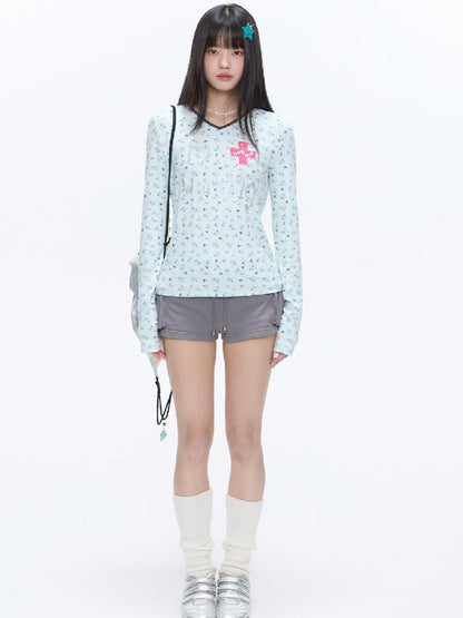 Full Print V Neck Long Sleeve Top【s0000016406】