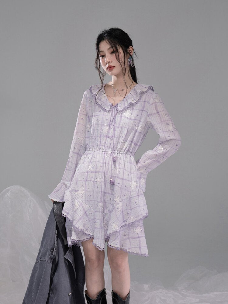 Purple Butterfly Print Ruffled Dress【s0000015739】