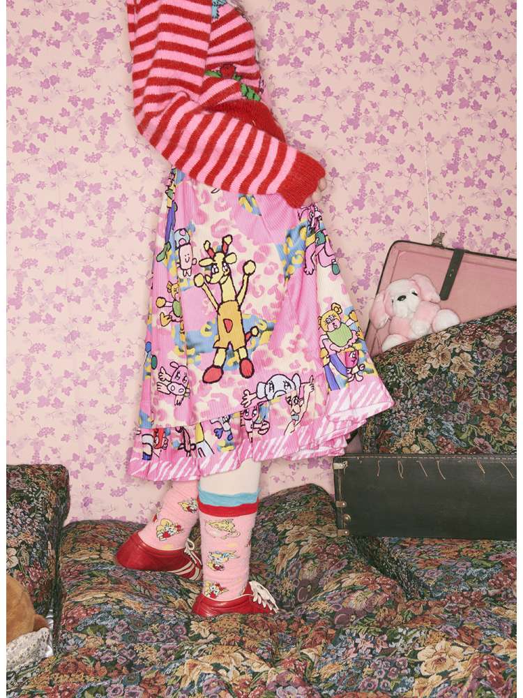 Pink Animal Illustration Skirt【s0000015372】