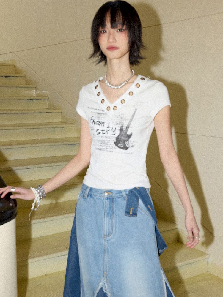 V-Neck Guitar Print Short Sleeve T-Shirt【s0000012424】