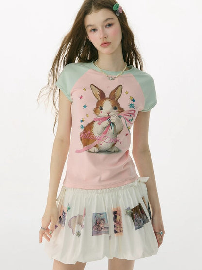 Summer Retro Contrast Rabbit T Shirt【s0000017159】