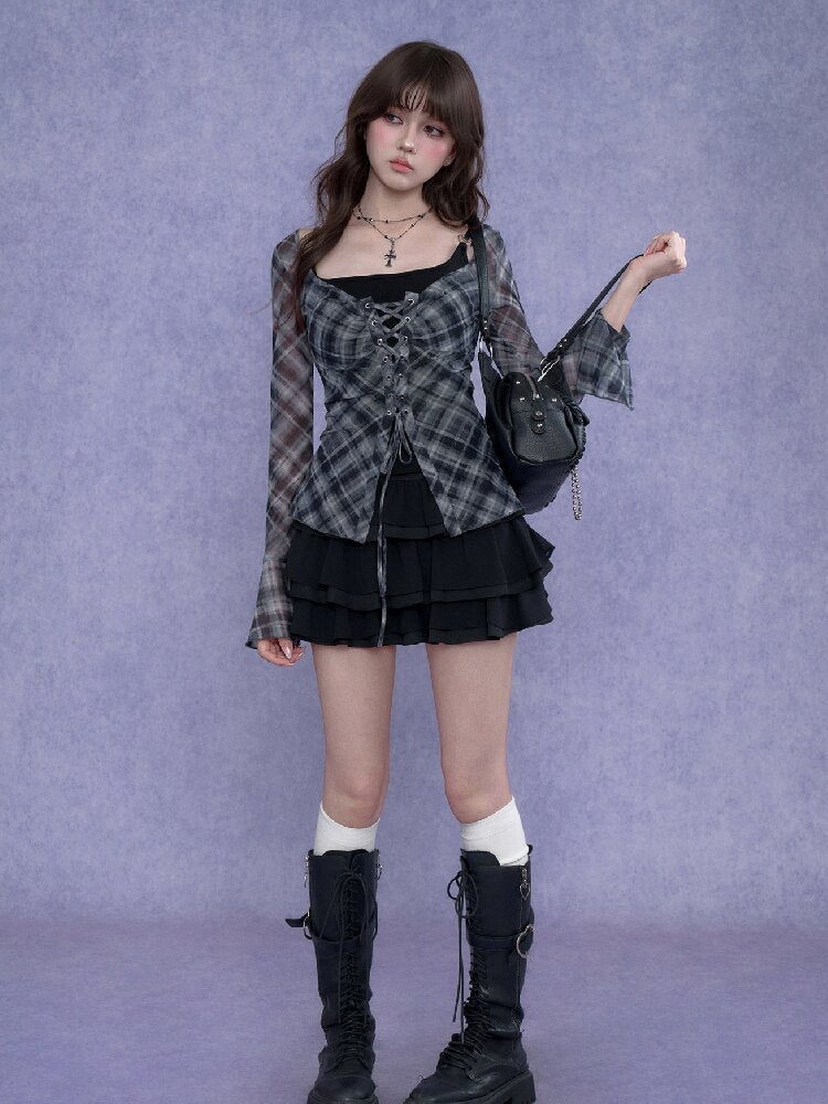 Gray Checkered Tie Wide Neckline Top【s0000017281】