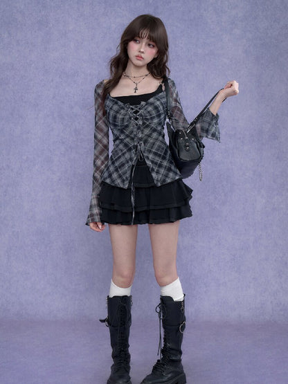 Gray Checkered Tie Wide Neckline Top【s0000017281】