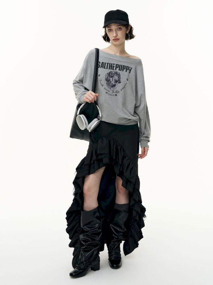 Puppy Printed Slant Shoulder Long Sleeve T-Shirt【s0000013744】