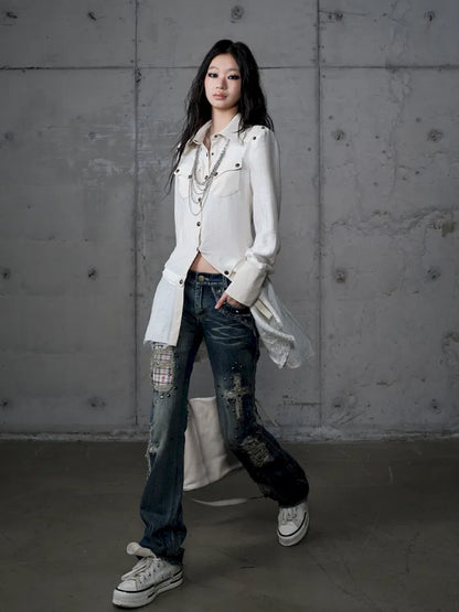 Distressed Straight-Leg Slim-Fit Jeans【s0000013946】