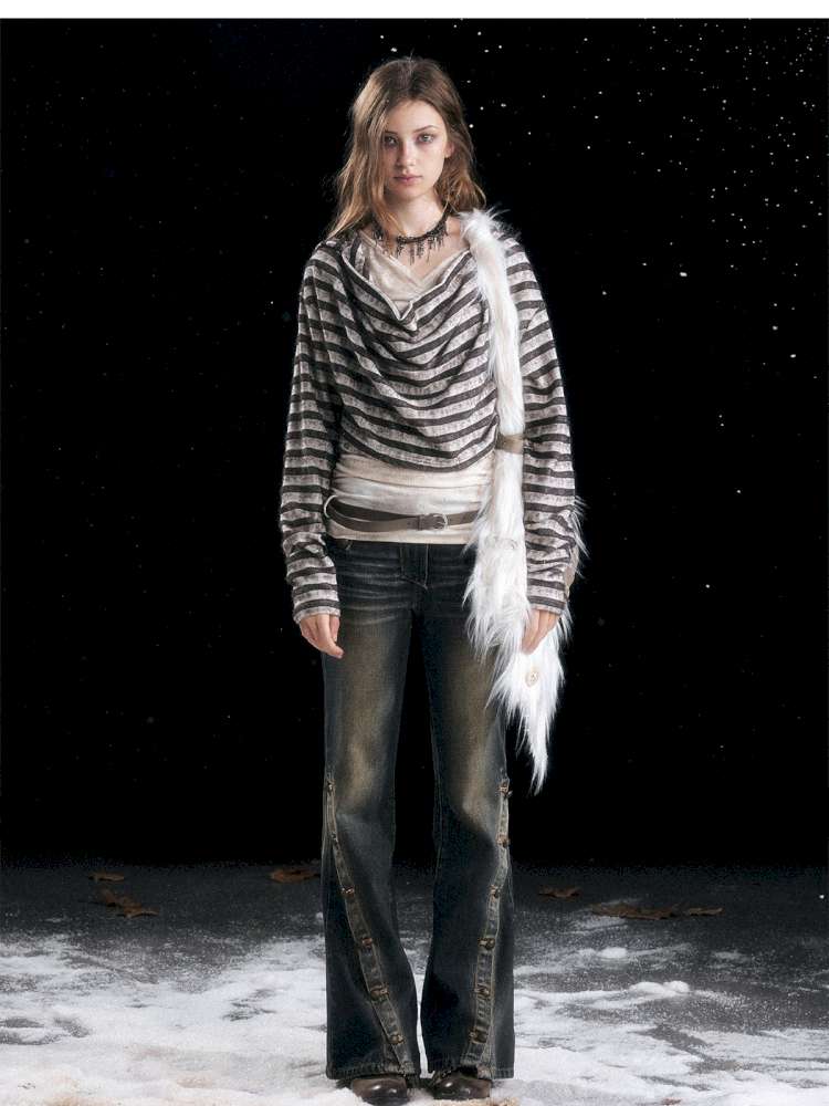 Striped Distressed Hooded Top【s0000014674】