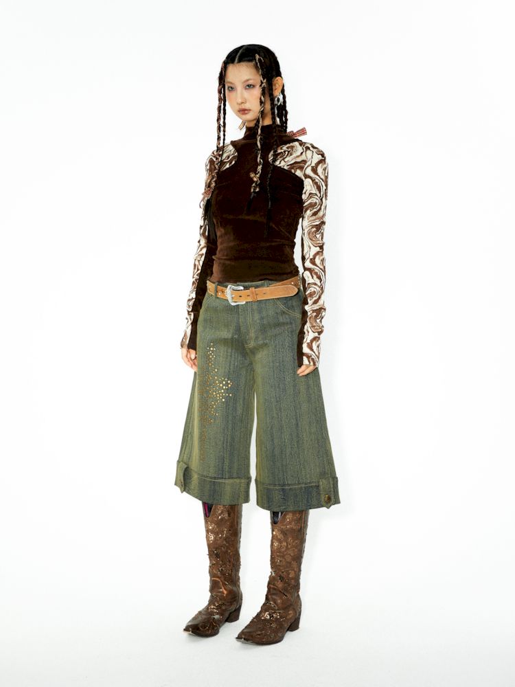 장식 된 렌더링 된 세척 데님 미디 바지 [S0000006271]