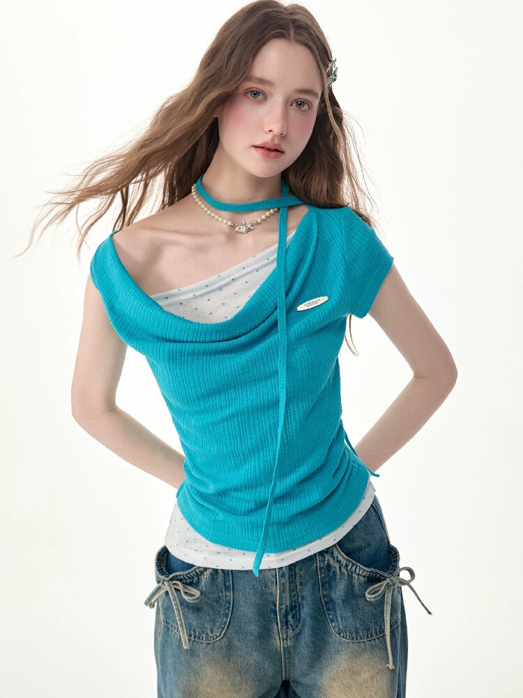 Blue Ripples Patchwork Short T Shirt【s0000017268】