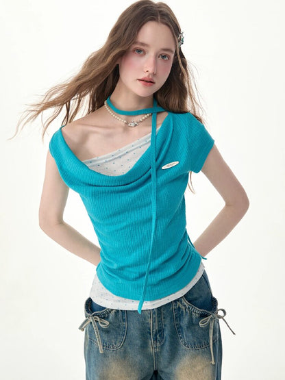Blue Ripples Patchwork Short T Shirt【s0000017268】