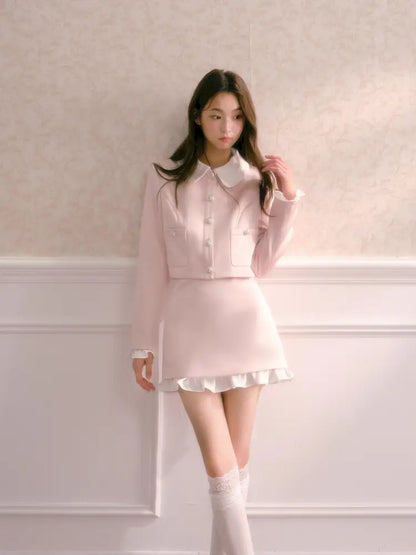 Doll Collar Short Jacket Flounce-Hem Bodycon Skirt【s0000014334】