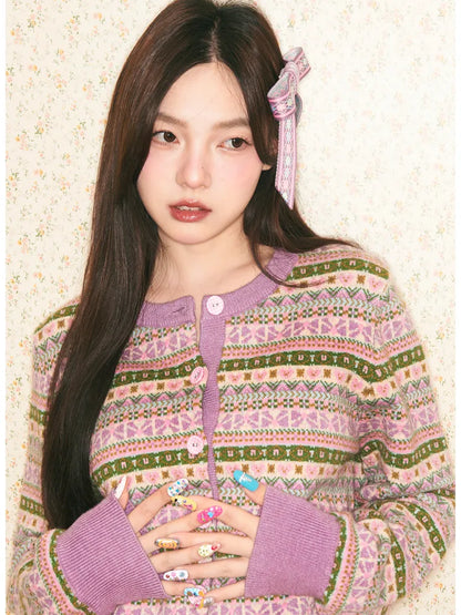 Geometric Knit Cardigan and Skirt Set【s0000014142】