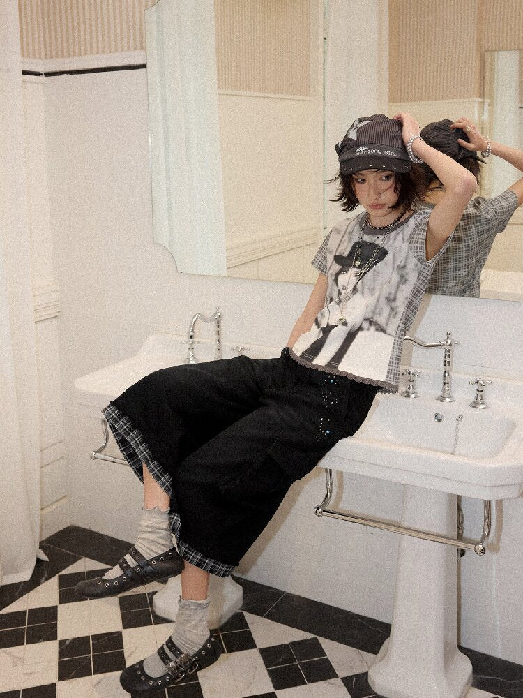 Spliced Plaid Diamond Wide Jeans【s0000016659】