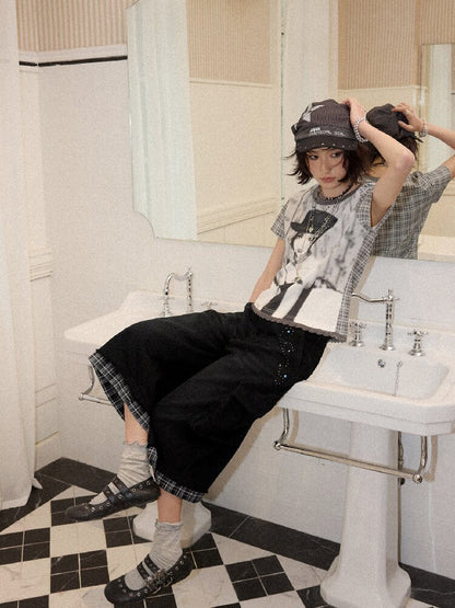 Spliced Plaid Diamond Wide Jeans【s0000016659】