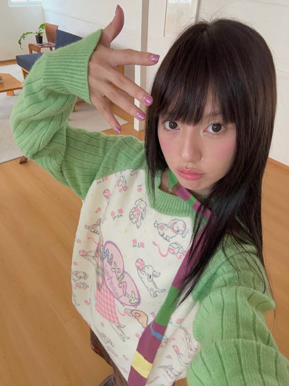 Puppy Floral Print Color Block Sweater【s0000019080】