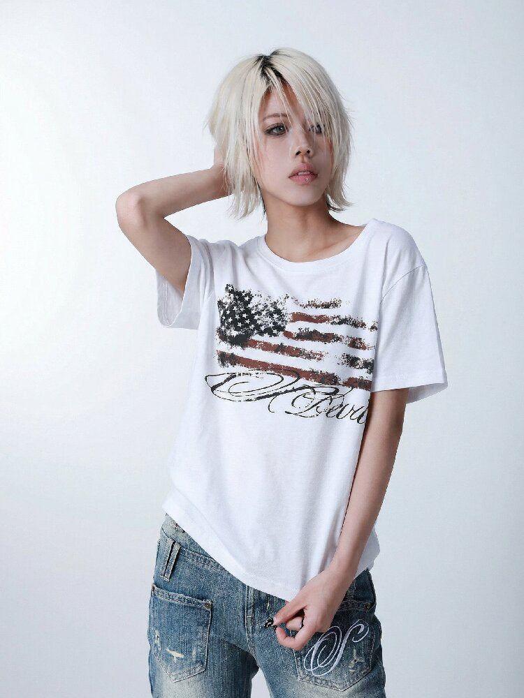 Star Flag Vintage Print T-shirt【s0000016626】