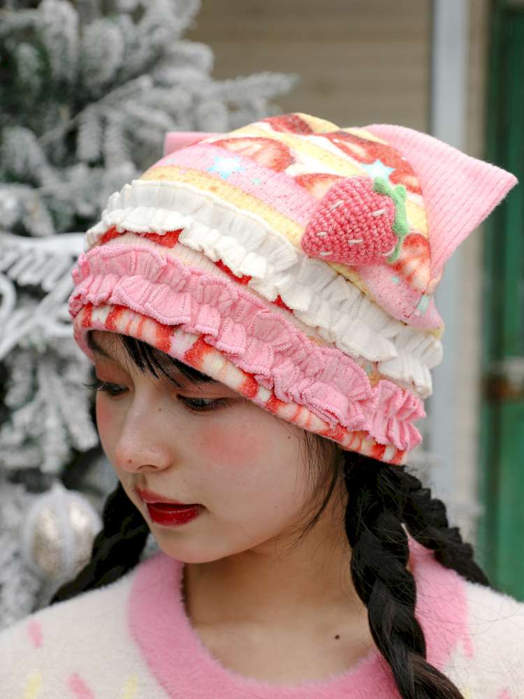Strawberry Print Cat Ear Hat【s0000015105】