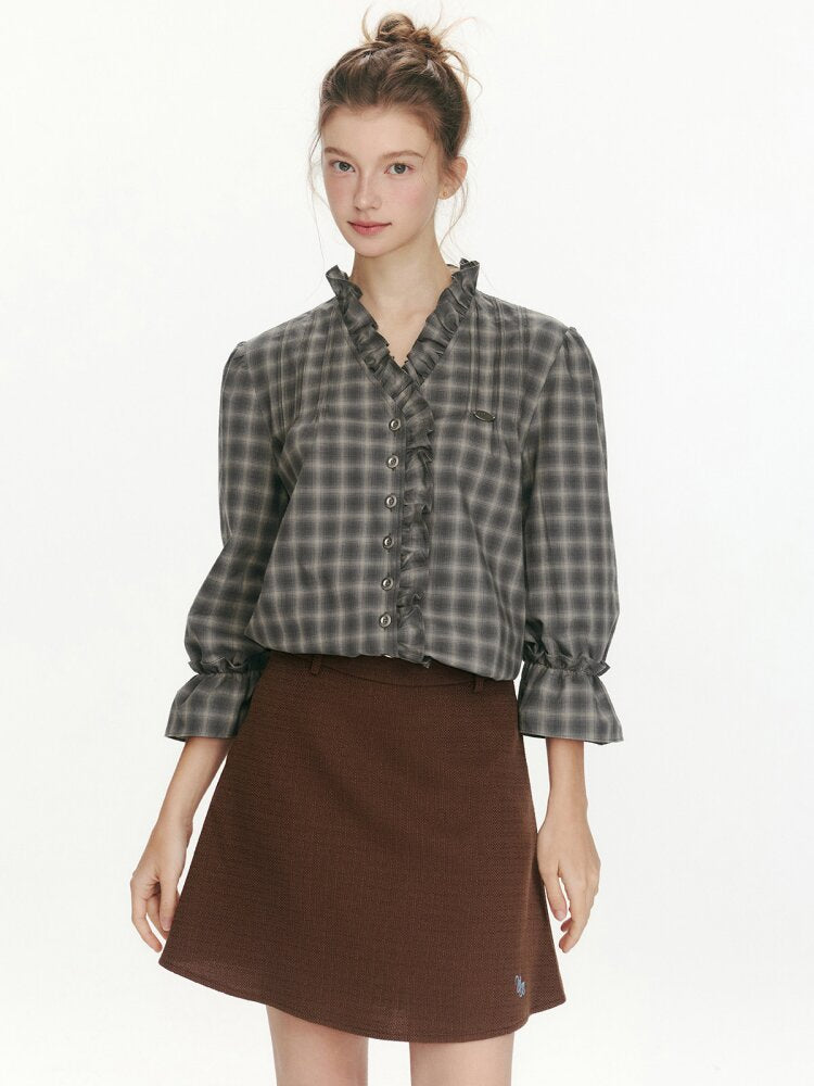 French V-neck Plaid Fungus Shirt【s0000015677】