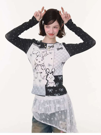 Rabbit Print Bow Contrast Top【s0000015433】