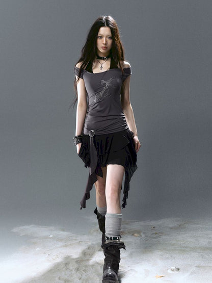 Chiffon ruffle patchwork off-the-shoulder dress【s0000012801】