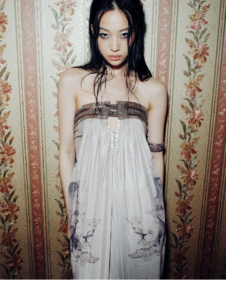 Knit Patchwork Mesh Printed Dress【s0000017652】
