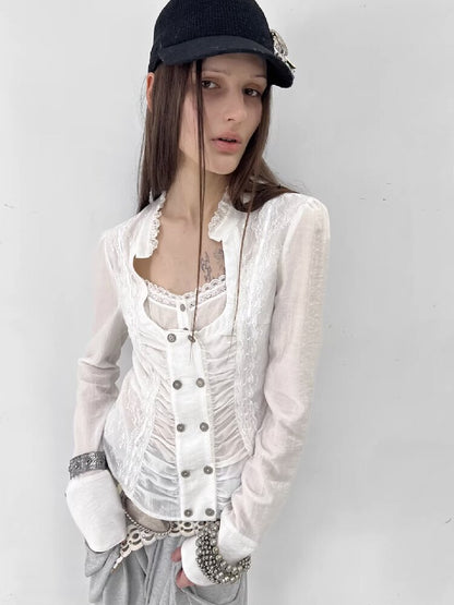 Vintage Lace Stitched Square Neck Shirt【s0000015910】