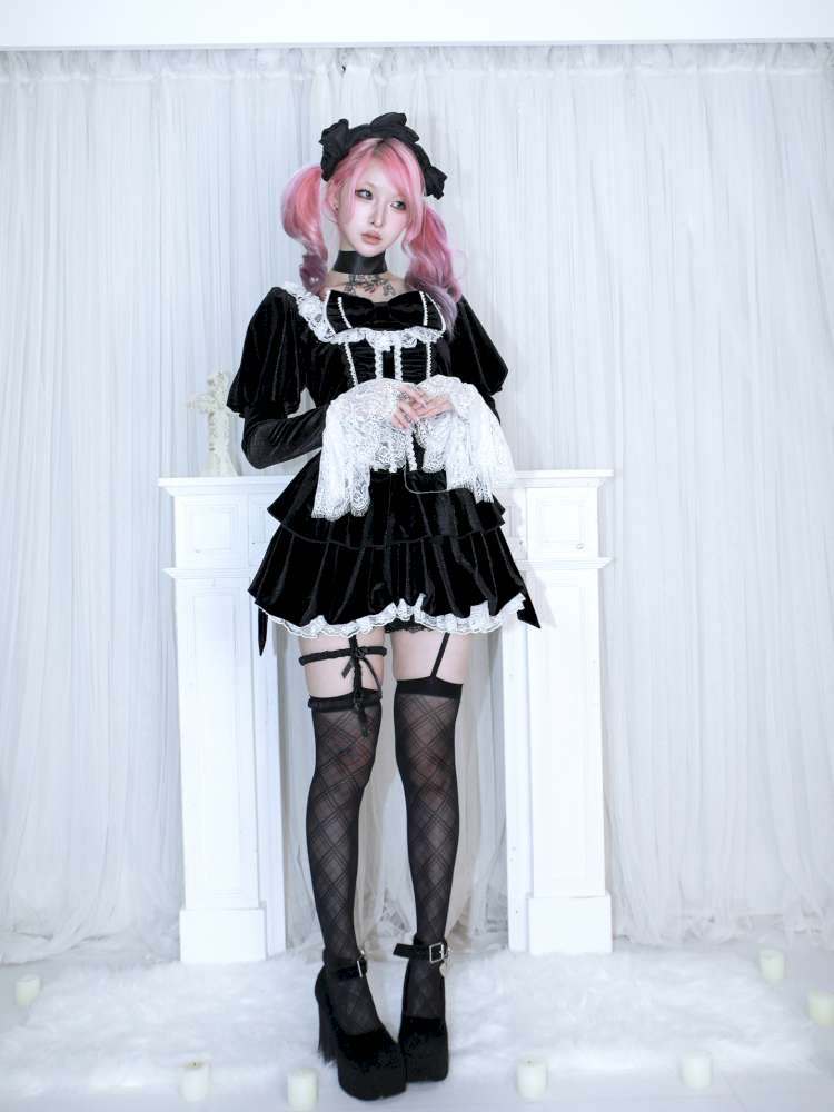 Bow Black Velvet Paneled Lace Dress【s0000014680】