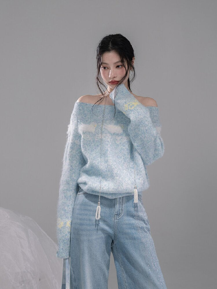 Blue One-Shoulder Jacquard Sweater【s0000015736】