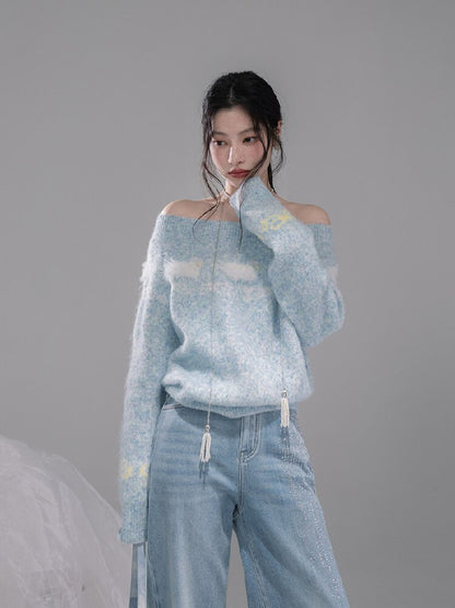 Blue One-Shoulder Jacquard Sweater【s0000015736】