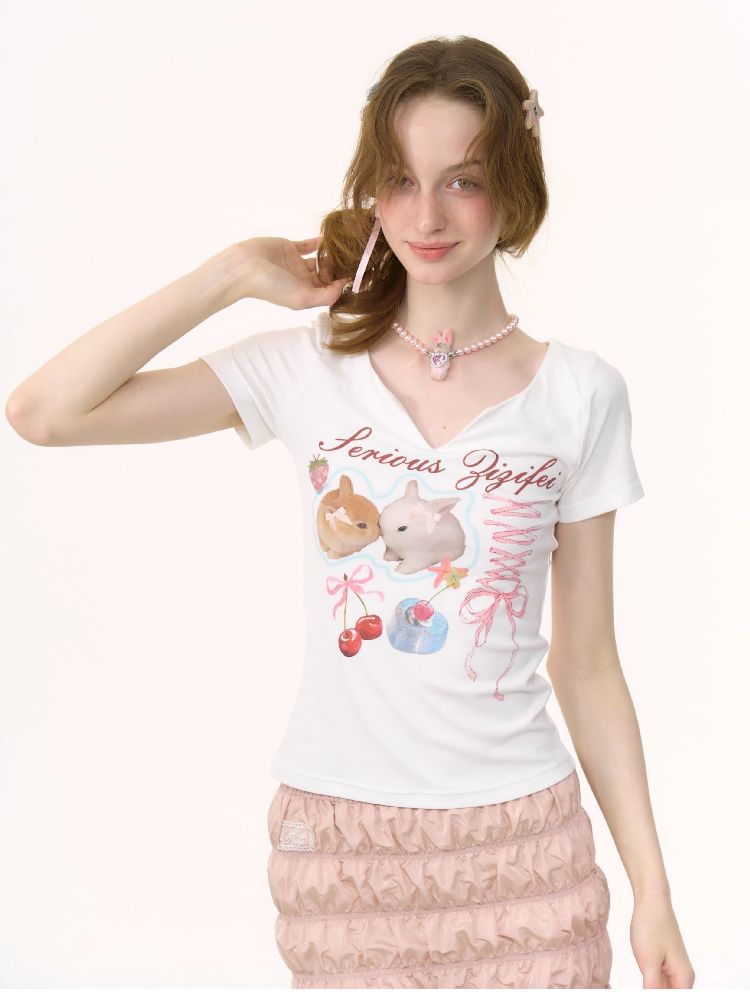 V-neck Rabbit Print Slim Thin Tops【s0000012252】