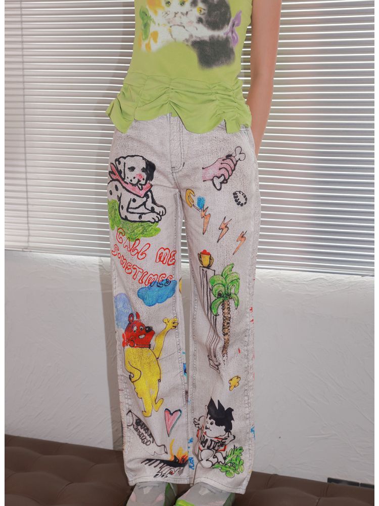 White Graffiti Denim Trousers【s0000013337】