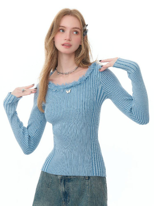 둥근 목 술 트림 니트 바닥 셔츠 [S0000011502]