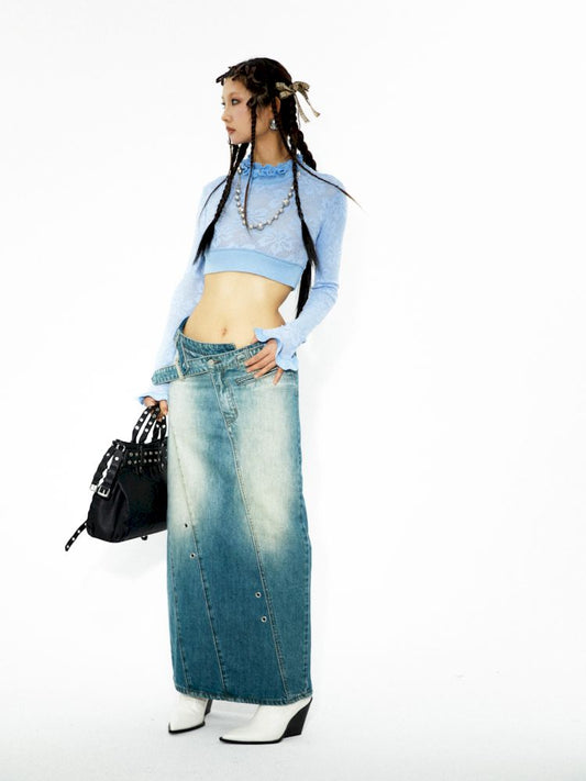 Washed denim slimming straight long half skirt【s0000006264】