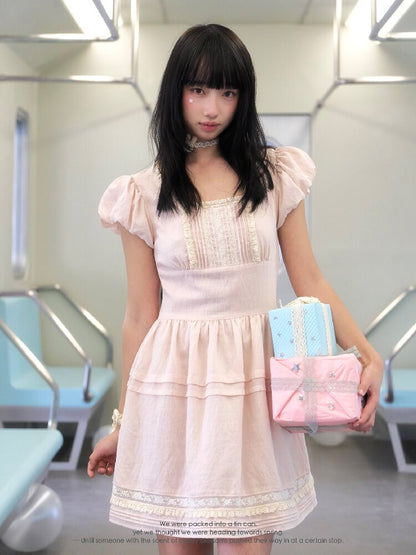 Pink Cotton Lace Bud Sleeve Dress【s0000016361】