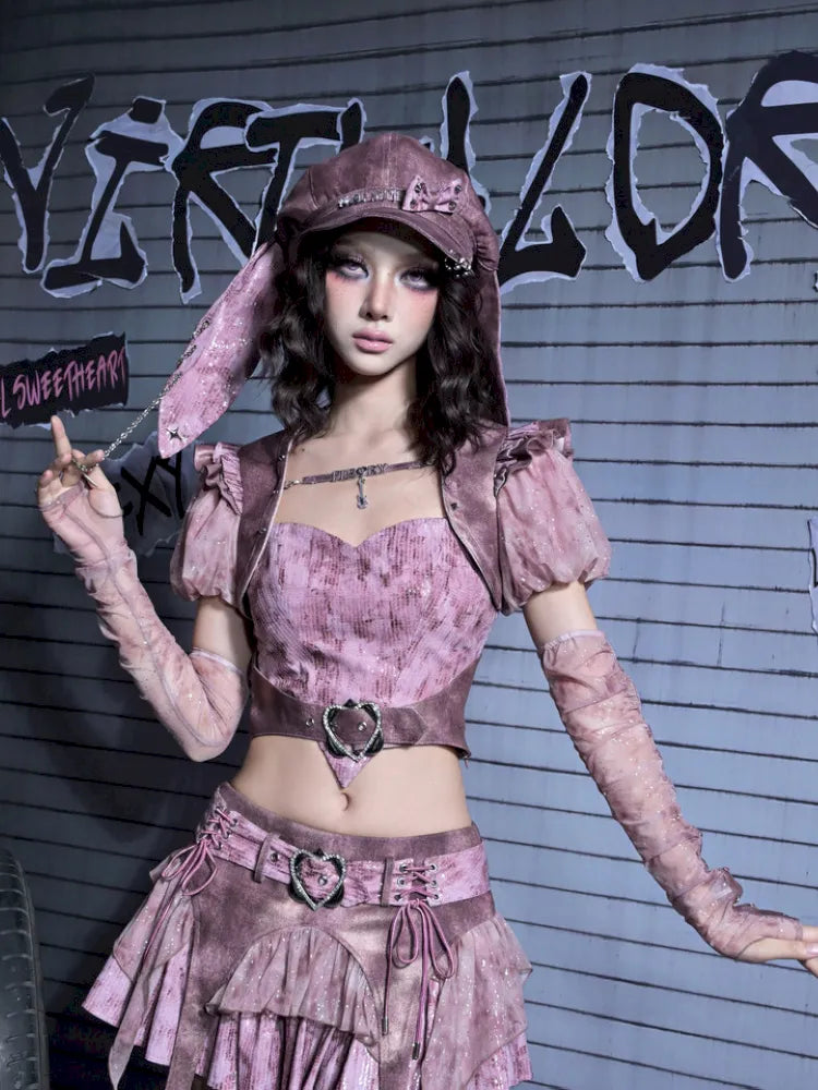 Puff Sleeve Heart-Print Strapless Two-Piece Top【s0000014027】