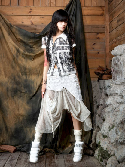 Patchwork Versatile Mesh Asymmetric Skirt【s0000013898】