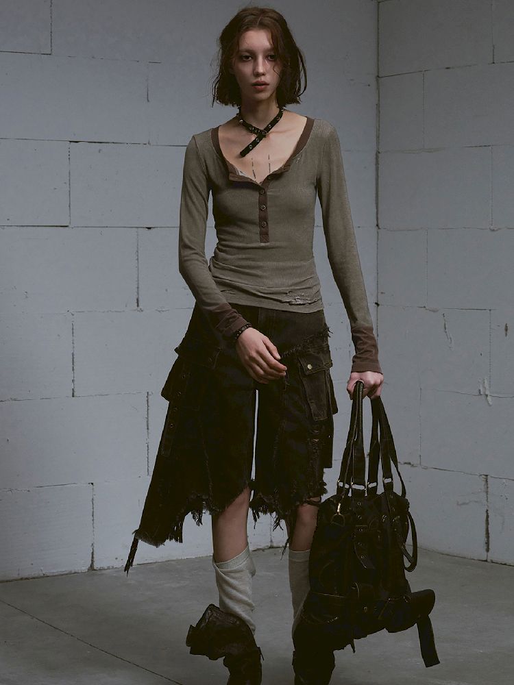 Henley Collar Knit T-Shirt【s0000011850】