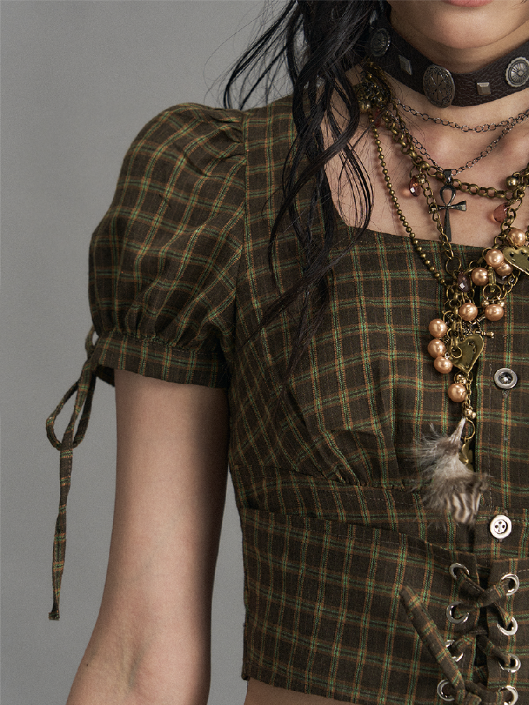 Vintage Plaid Tie Square Neck Top【s0000017528】