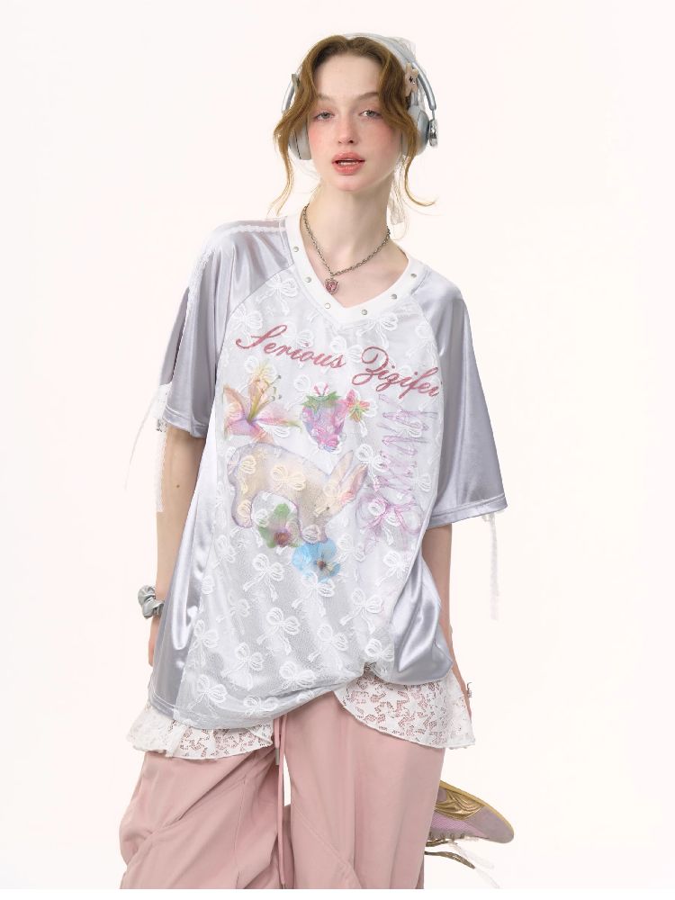 Lace Bow Gray Short Sleeve T-Shirt【s0000012245】