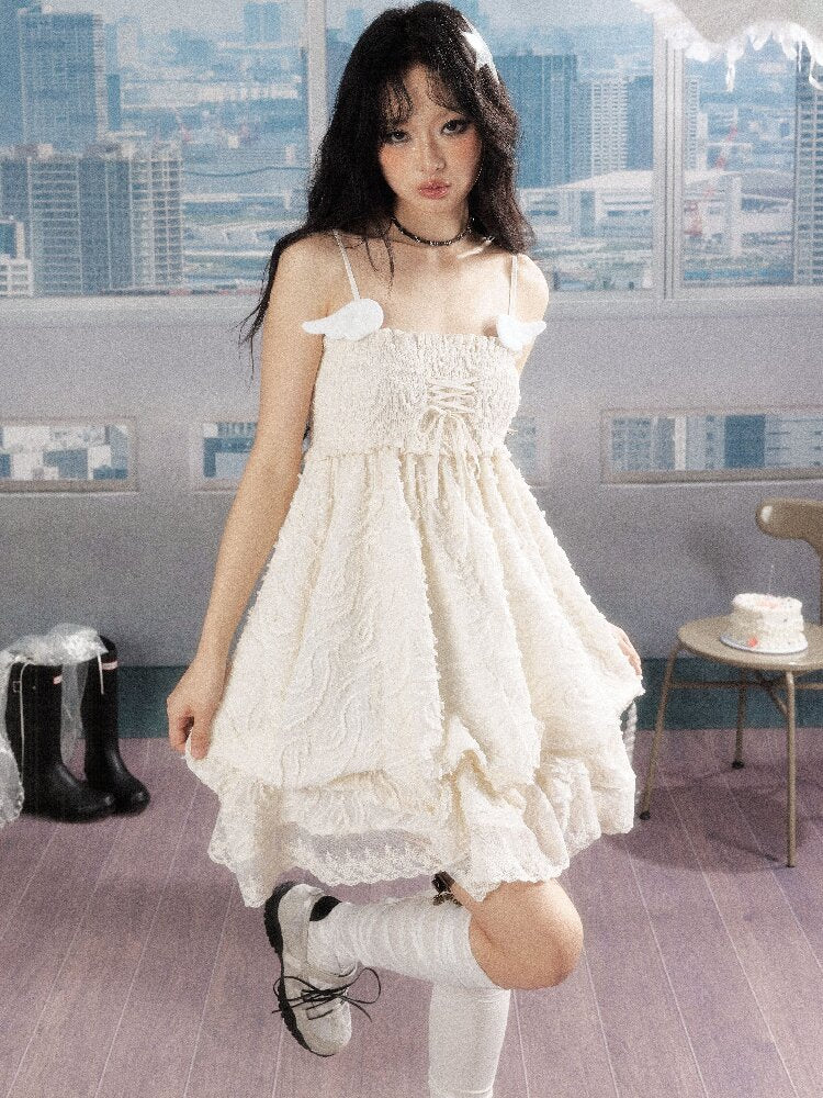 Shirred Lace White Texture Dress【s0000016278】