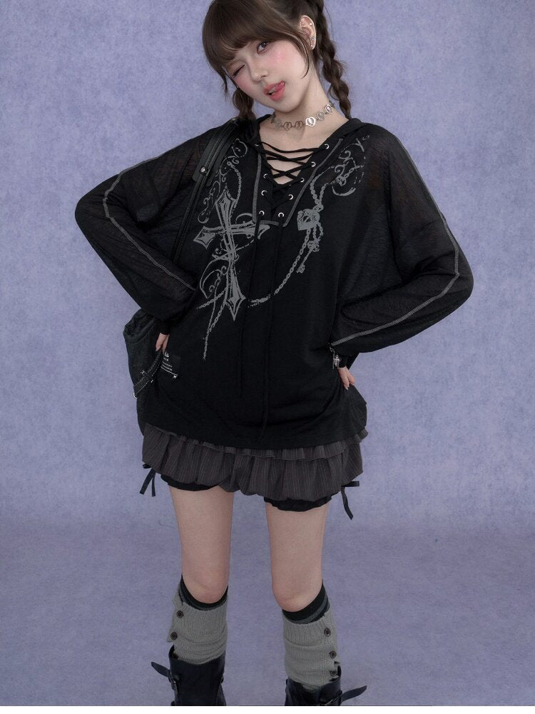 Dark Cross Print Strap Cardigan Hood【s0000017284】